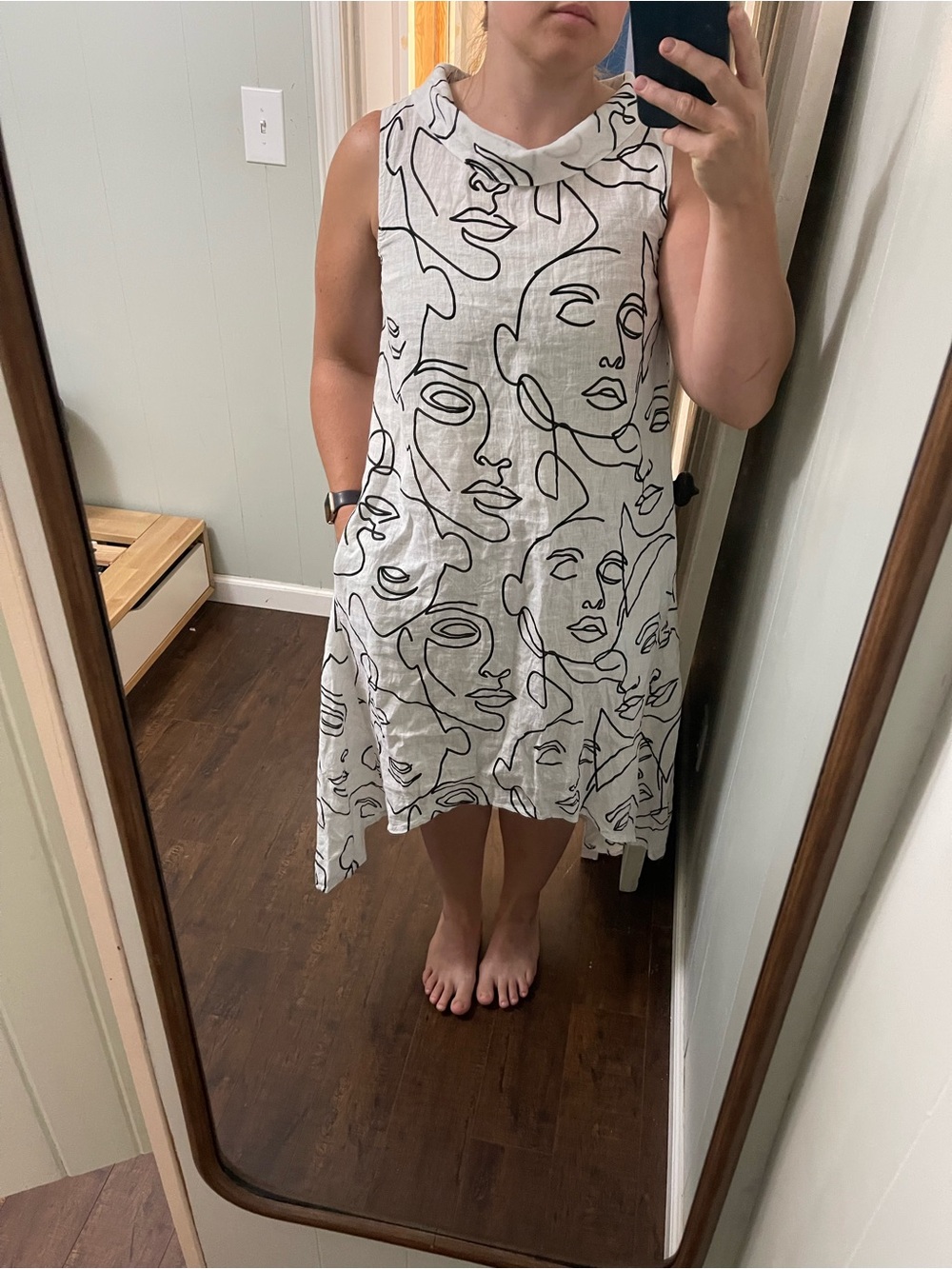 Sleeveless Linen White Graphic Face Print Dress - Picture 3 of 10